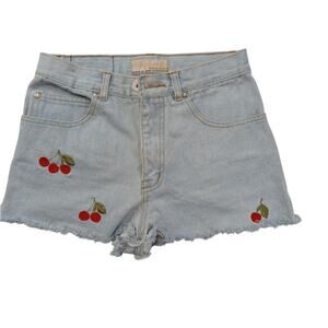 Vintage Embroidered Cherry High Waist Cutoff Denim Shorts 3/4